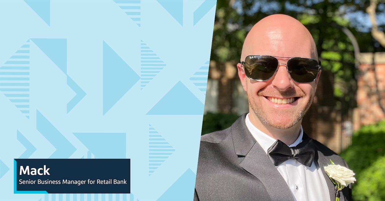 Image of Mack, Capital One Senior Business Manager for Retail Bank, in a wedding tux wearing sunglasses